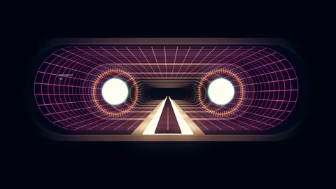 In out flight through VR White neon purple grid RED lights cyber tunnel HUD Stock Footage 88467972