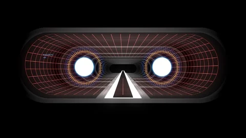 In out flight through VR WHITE neon RED grid BLUE lights cyber tunnel HUD Stock Footage 88468123