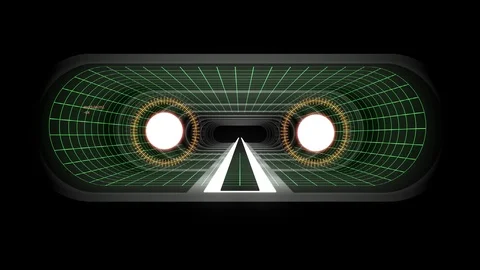 In out flight through VR WHITE neon GREEN grid RED lights cyber tunnel HUD Stock Footage 88469490
