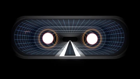 In out flight through VR WHITE neon BLUE grid RED lights cyber tunnel HUD Stock Footage 88471076