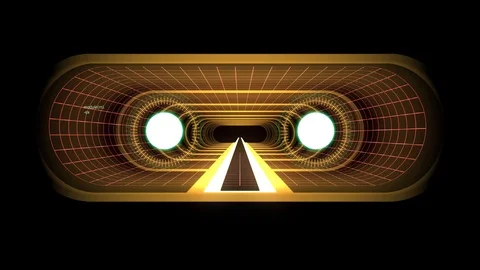 In out flight through VR YELLOW neon RED grid RED lights cyber tunnel HUD Stock Footage 88474470