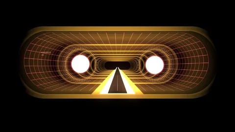 In out flight through VR YELLOW neon RED grid PURPLE lights cyber tunnel HUD Stock Footage 88474601