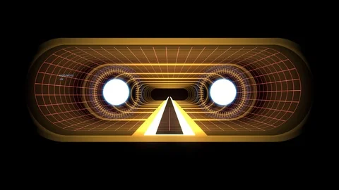 In out flight through VR YELLOW neon RED grid BLUE lights cyber tunnel HUD Video stock 88474822