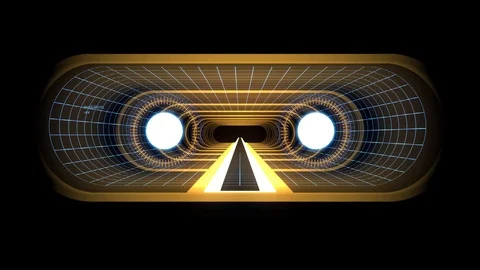 In out flight through VR YELLOW neon BLUE grid GREEN lights cyber tunnel HUD Stock Footage 88475336