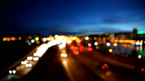 Out of Focus Bokeh of Auto Traffic on Freeway in Portland Oregon at Night Stock Footage 46003460