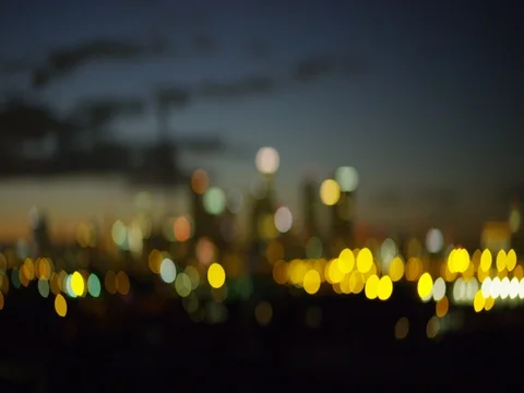 Out of focus DTLA skyline post sunset view from East LA sixth street bridge, Los Stock Footage 81550988