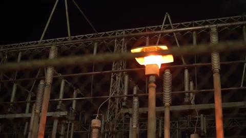 Out of focus to in focus electrical substation at night, San Francisco Stock Footage 236812354