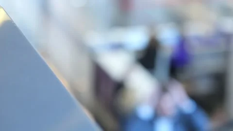 Out of focus office interior with desks and workers Stock Footage 345403846