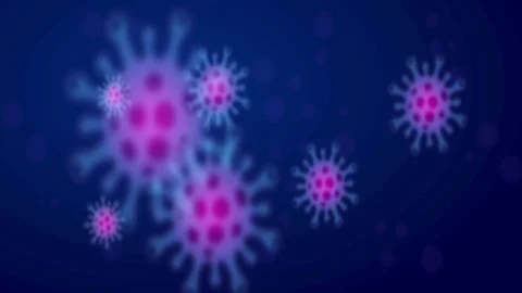 Out of focus rounded virus with prominent envelope proteins and red cores Stock Footage 129641917