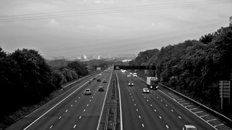 Out of focus slow traffic on M5 Motorway D Stock Footage 90319244