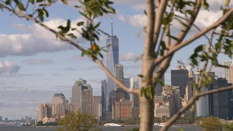Out of focus tree frames the One WTC Tower on Summer Afternoon. Stock Footage 114791764