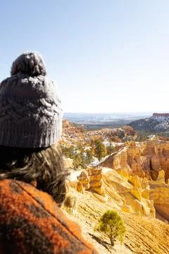 Out of focus vertical image of young woman overlooking in focus Bryce canyo.. Stock Photos