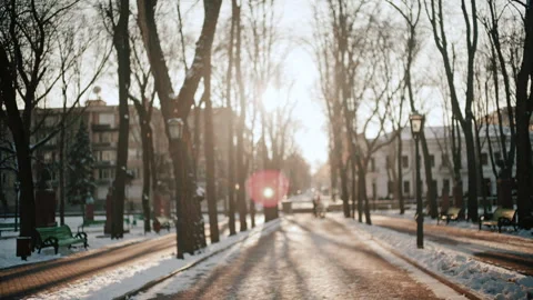 Out of focus view of people walking along a snowy park path during sunset Vídeos de archivo 329393711