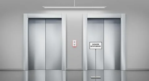 Out of order elevator with closed door and information floor stand notifying Illustrazione stock