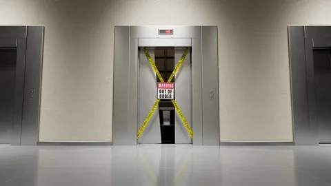Out of order warning sign in front of a broken elevator door opened. 4KHD Stock Footage 127288785