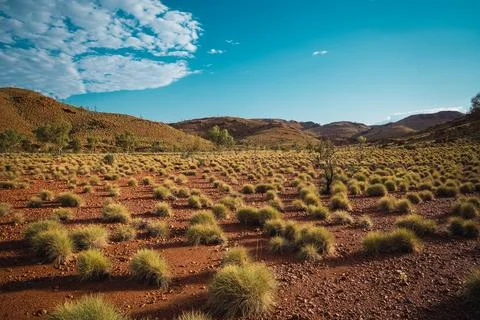 Outback landscape featuring red dirt and spinifex grass Stock Photos