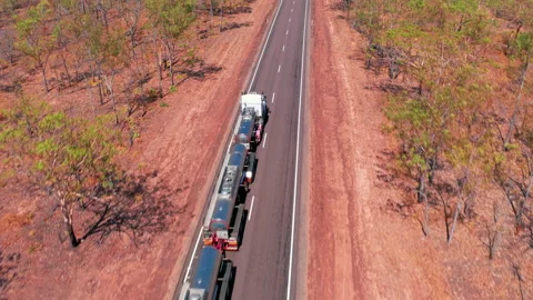 Outback road train Australia. Roadtrain truck trailer aerial view. Long vehicle Stock Footage 166121126