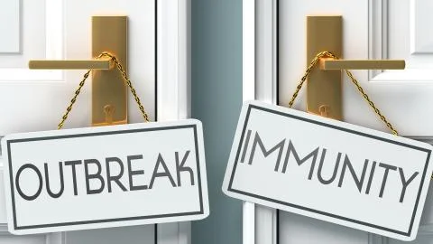 Outbreak and immunity as a choice - pictured as words Outbreak, immunity on d Stock Illustration
