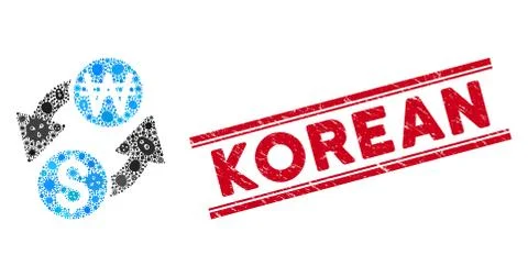 Outbreak Collage Dollar Korean Won Exchange Icon and Textured Korean Stamp with Stock Illustration