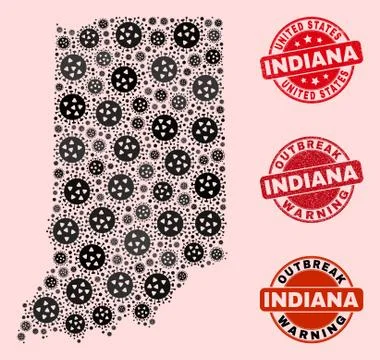 Outbreak Composition of Mosaic Indiana State Map and Textured Seal Stamps Stock Illustration