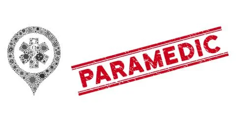 Outbreak Mosaic Emergency Map Marker Icon and Grunge Paramedic Seal with Lines Stock Illustration