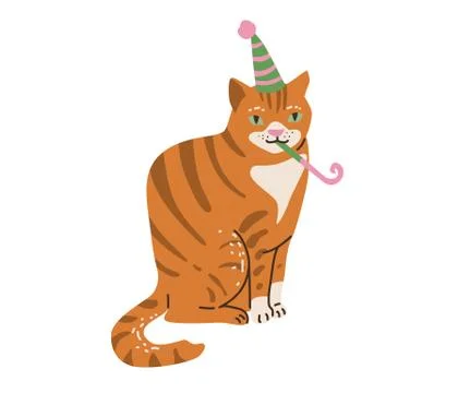 Outbred red and white cat celebrate happy birthday. Vector illustration in Stock Illustration