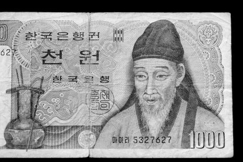 Outdated 1000 Korean Won banknote of 1983 year close up. Black and white Stock Photos