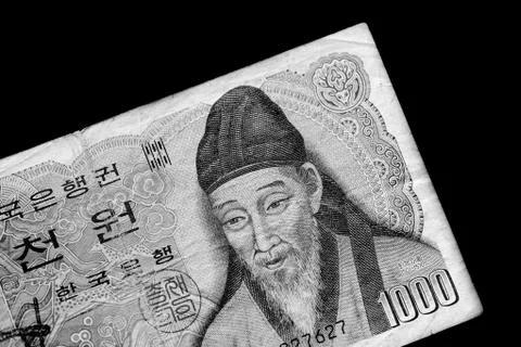 Outdated 1000 Korean Won banknote of 1983 year close up. Black and white Stock Photos