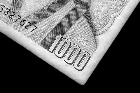 Outdated 1000 Korean Won banknote of 1983 year close up. Black and white Stock Photos