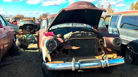 Outdated American old car. Scrap car footage. Stock Footage 253132469