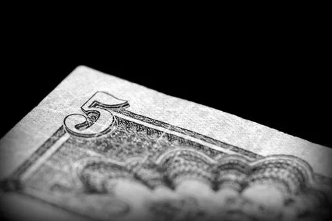 Outdated banknote of five CZK issued in 1944. Black and white Stock Photos