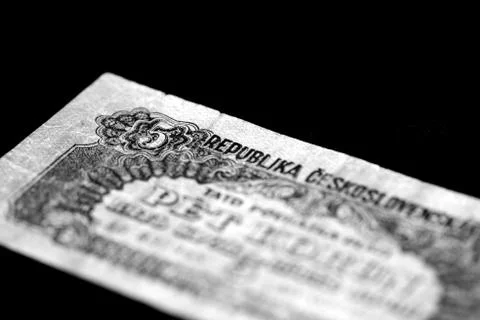 Outdated banknote of five CZK issued in 1944. Black and white Stock Photos