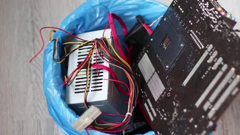 Outdated computer parts are thrown in the trash Stock Footage 151588053