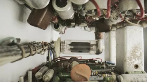 Outdated electronic technologies. Antique semiconductor microcircuit Stock Footage 153664136