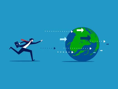 Outdated idea. Businessman chasing the world Stock Illustration