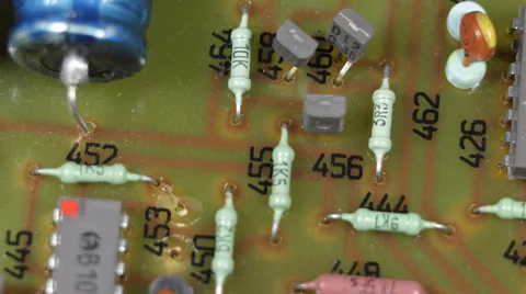Outdated Obsolete Close Up Circuit Rotating Resistors Capacitors Old Technology Stock Footage 44354171