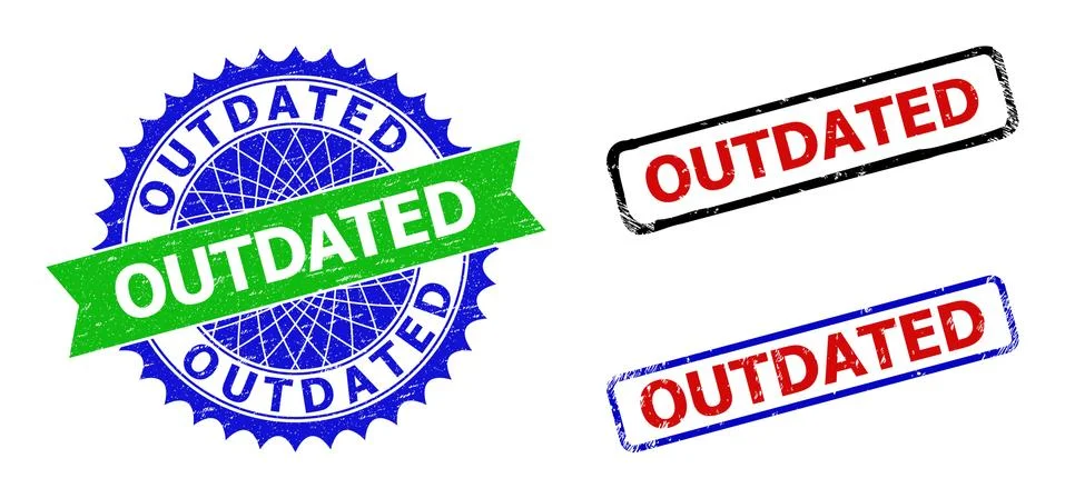 OUTDATED Rosette and Rectangle Bicolor Stamp Seals with Scratched Surfaces Stock Illustration