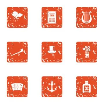 Outdated show icons set, grunge style Stock Illustration