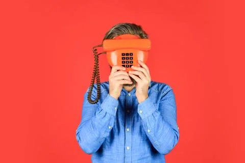 Outdated technology. Manager phone dialog communication. Call me. Successful Stock Photos