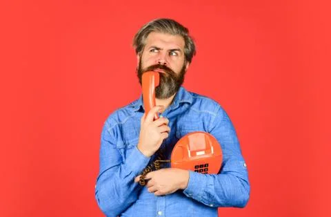 Outdated technology. Manager phone dialog communication. Call me. Successful Stock Photos