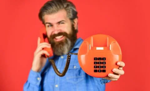 Outdated technology. Manager phone dialog communication. Call me. Successful Stock Photos