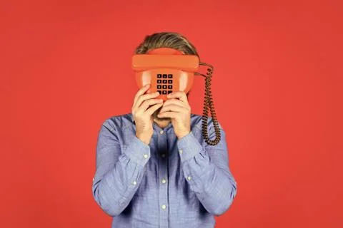 Outdated technology. Manager phone dialog communication. Call me. Successful Stock Photos