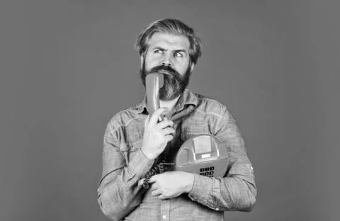 Outdated technology. Manager phone dialog communication. Call me. Successful Stock Photos