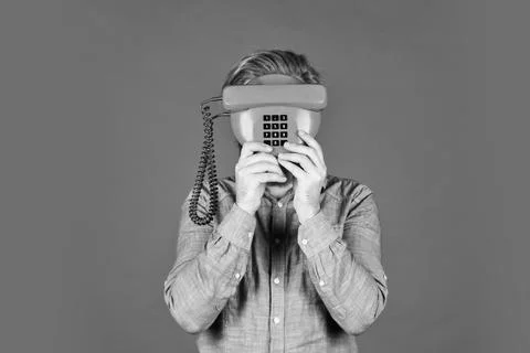 Outdated technology. Manager phone dialog communication. Call me. Successful Stock Photos