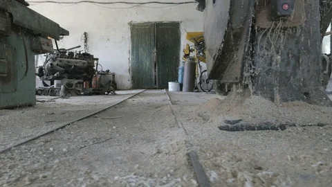 Outdated workshop with dust on the equipment. Old rails in the factory, plant Stock Footage 85297491