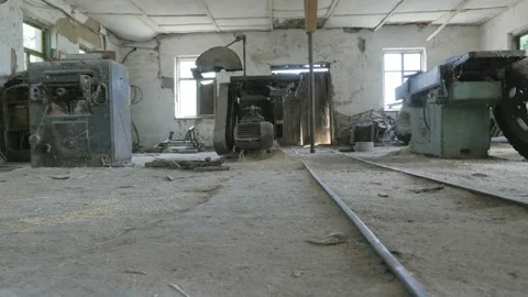 Outdated workshop with retro equipment. Old rails in the factory, plant Stock Footage 94995894