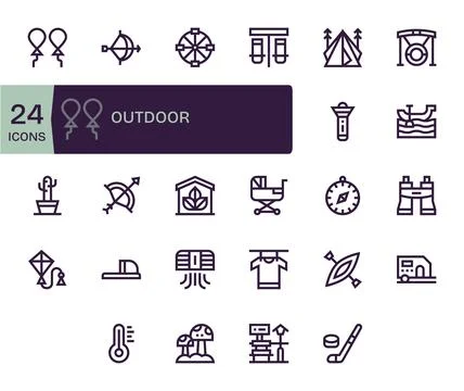 Outdoor 64x64 Vector Icon Pack with 24 Bold Line Grid Fitted Elements Stock Illustration