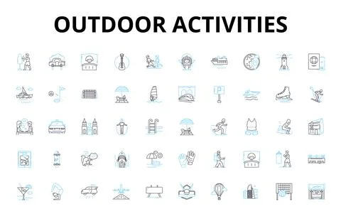 Outdoor activities linear icons set. Hiking, Camping, Fishing, Hunting, Boating Stock Illustration