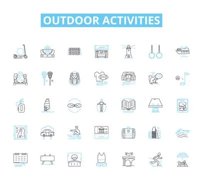 Outdoor activities linear icons set. Hiking, Camping, Fishing, Hunting, Boating Stock Illustration
