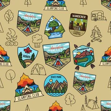 Outdoor activity and adventure vector design. Hiking seamless pattern Stock Illustration